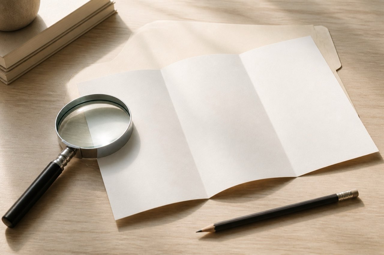 A magnifying glass, a blank coverage document, and a pencil on an orderly work surface