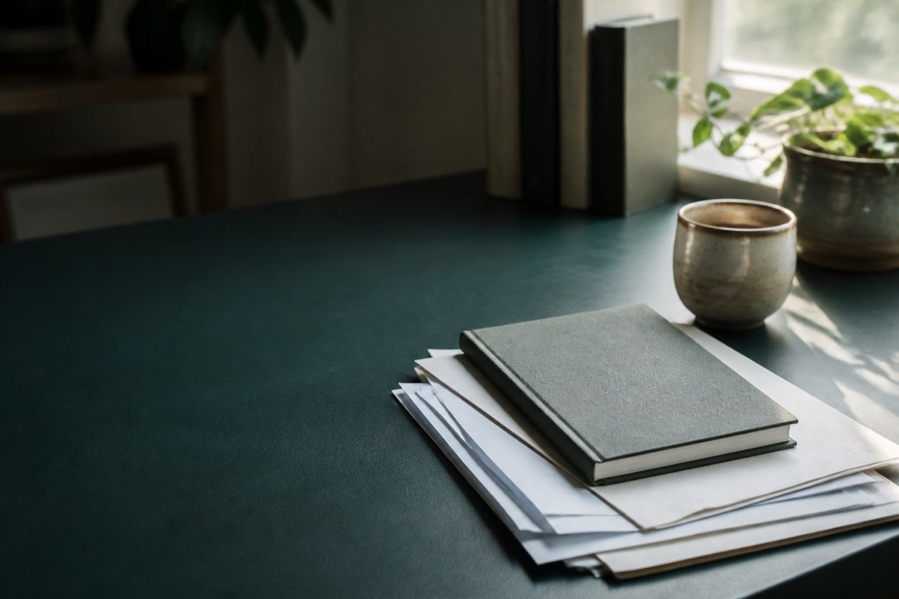 A dark desk with a closed notebook, plain source papers, a ceramic cup, and soft window light