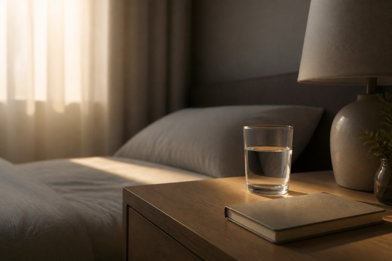 A dim desk with a glass of water, a closed notebook, and morning light through a window