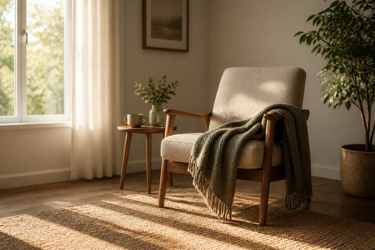 A quiet chair, a folded blanket, and window light in a calm home reading corner