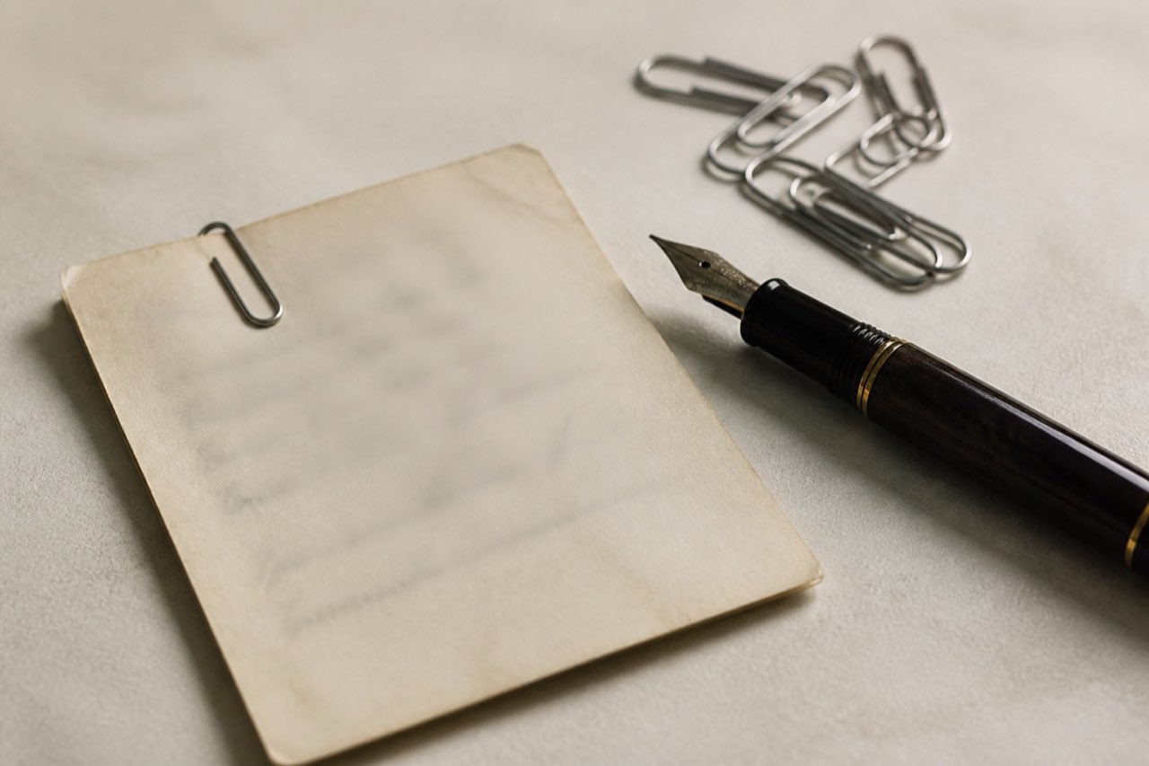 A close view of paper clips, a fountain pen, and a clipped evidence note on a pale desk