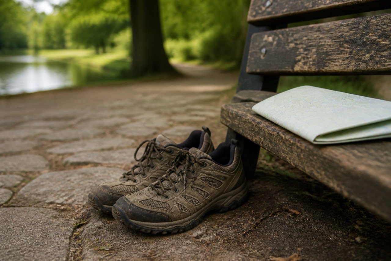 A pair of walking shoes beside a park bench and a folded map, a grounded image for mobility questions