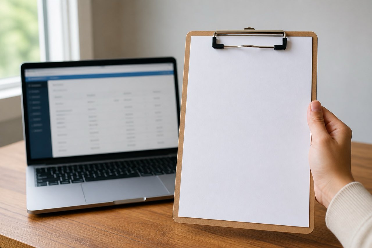 A hand holding a plain clipboard beside a laptop showing only an indistinct public registry interface