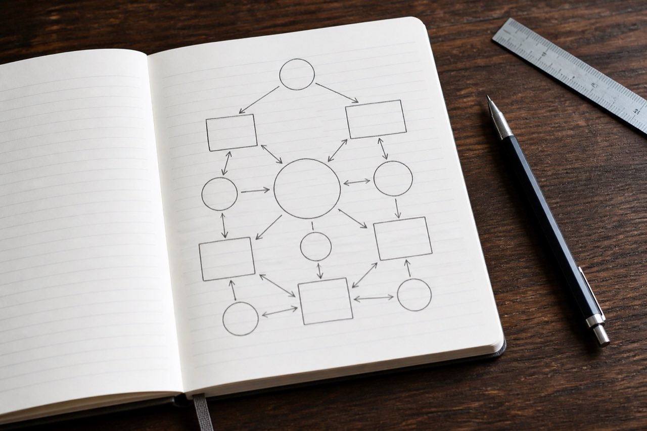 A ruled notebook with a simple comparator diagram drawn in abstract shapes and a mechanical pencil